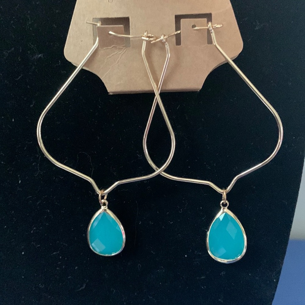 2” Gold plates hoop style earrings with blue green jewel